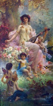 Flores Painting - belleza tocando la guitarra y ángeles florales Hans Zatzka flores clásicas